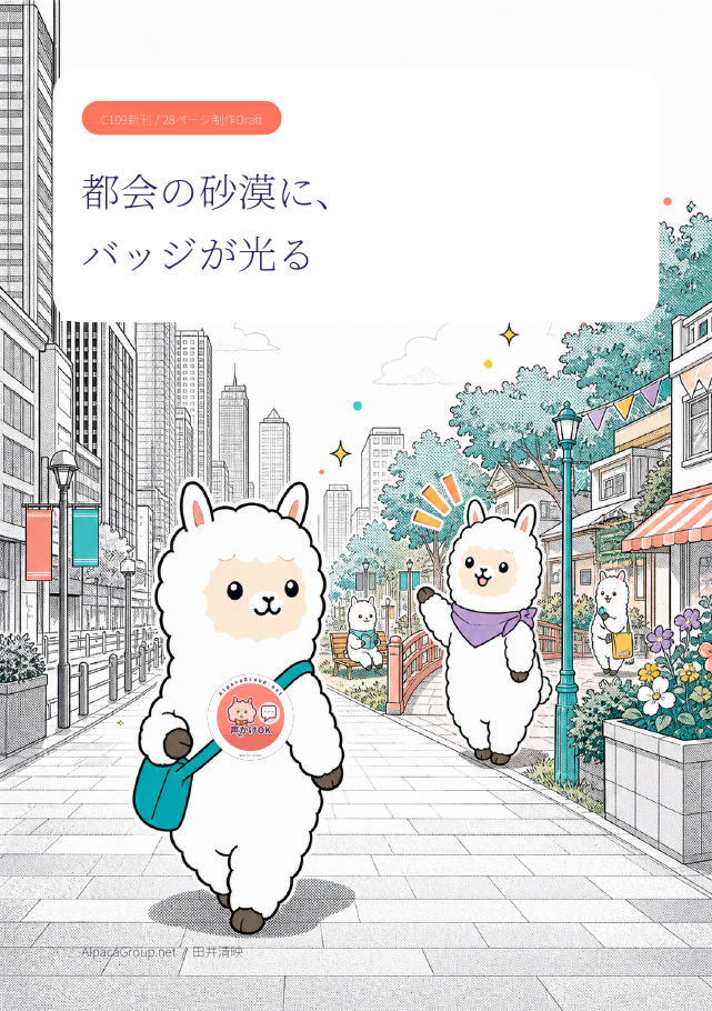新刊『都会の砂漠に、バッジが光る』制作中の表紙
